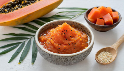 Papaya body scrub in ceramic bowl on table. Homemade natural cosmetics. Organic product.