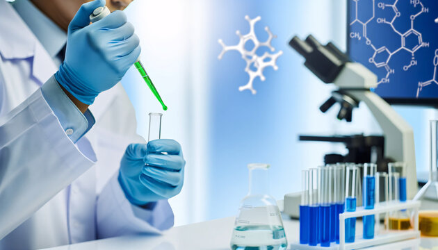 A scientist working in a laboratory. The scientist is wearing a white lab coat and blue gloves