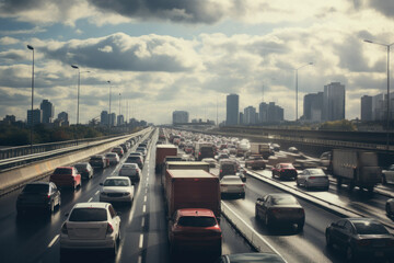 Traffic congestion in the city with a cloudy sky