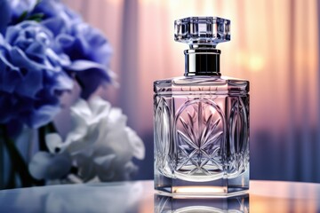 Elegant perfume bottle with flowers in the background