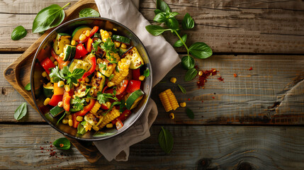 a gourmet vegetable salad with grilled zucchini, bell peppers, corn, and fresh herbs, served in a vintage metal bowl on a linen cloth, Generative AI