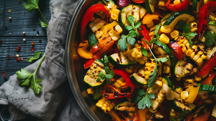 a gourmet vegetable salad with grilled zucchini, bell peppers, corn, and fresh herbs, served in a vintage metal bowl on a linen cloth, Generative AI