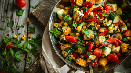 a gourmet vegetable salad with grilled zucchini, bell peppers, corn, and fresh herbs, served in a vintage metal bowl on a linen cloth, Generative AI