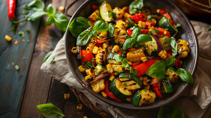 a gourmet vegetable salad with grilled zucchini, bell peppers, corn, and fresh herbs, served in a vintage metal bowl on a linen cloth, Generative AI