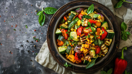a gourmet vegetable salad with grilled zucchini, bell peppers, corn, and fresh herbs, served in a vintage metal bowl on a linen cloth, Generative AI