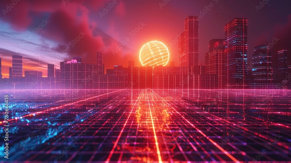 Poster a futuristic 3d grid landscape illuminated by a neon sun, with a retro wave adding a nostalgic twist