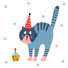 Сute cat is celebrating his birthday. Vector kids illustration.  - 780661416