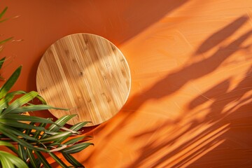 A circular bamboo cutting board with shadows of plant leaves cast on an orange textured surface.