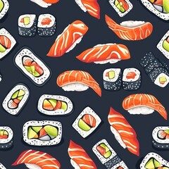 Seamless pattern of assorted sushi rolls and sashimi on a dark background. 