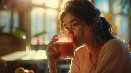 As she sips her smoothie, the young woman appreciates the nourishing goodness of each ingredient, knowing she's taking care of her body. --ar 16:9 Job ID: 18387c25-db5a-4be5-bcab-2c77ce1b0b2f - obrazy, fototapety, plakaty