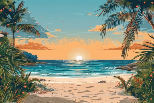 Summer holidays on the beach with family and friends,  vector illustration, AI generated