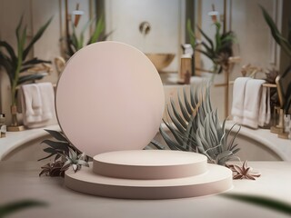 Round podium display for cosmetics and Spa product presentation with blurred luxury bathroom background