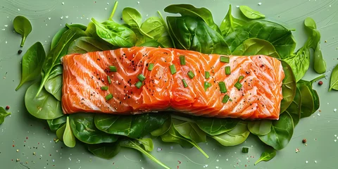  Cooked salmon fillet with fresh spinach and herbs on green background, top view, flat lay presentation of healthy seafood dish © SHOTPRIME STUDIO