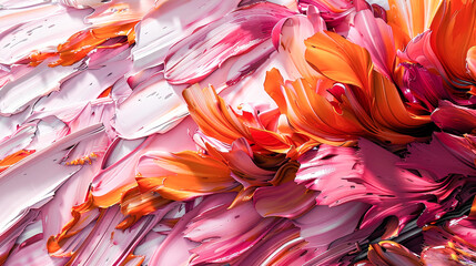 Beautiful background of volumetric splashes of paint in orange, white and pink colors. Copy space.