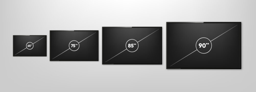 TV Screen Sizes. Smart TV icon collection. Diagonal screen size in 65, 75, 85 and 90 inches. Computer monitor. Vector illustration.