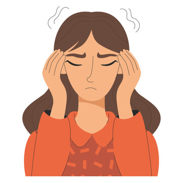Artistic illustration of a woman visibly distressed. Stressed woman holds hands near temples. Headache. Vector flat illustration for web or app design