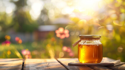 golden honey in a glass jar on the table in light-colored copy space for text