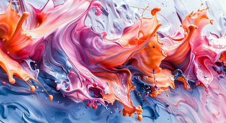 Beautiful background of volumetric splashes of paint in orange, blue and pink colors. Copy space.