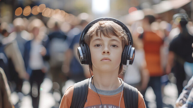 A boy, who is on the autism spectrum, is wearing noise-canceling headphones while navigating a large crowd generated by AI generative 