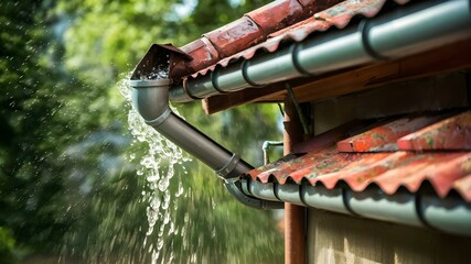 Efficient Rain Gutter Channeling Water Away. Concept Rain gutter maintenance, Downspout cleaning, Preventing water damage, Yard drainage solutions, - obrazy, fototapety, plakaty