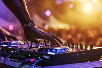 Closeup hand of African American DJ woman in neon lights in a nightclub
