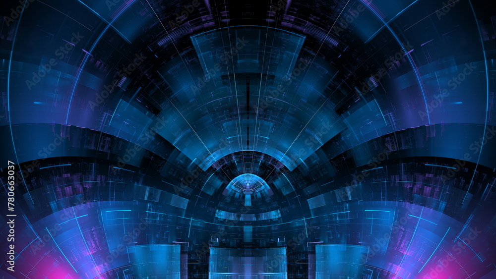 Poster glowing cyber sphere at the center of a virtual reality space, suggestive of advanced technology and