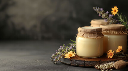 Artisanal honey in glass jars with rustic cloth lids, accompanied by lavender sprigs and calendula flowers on a wooden board, evoking a natural and homemade aesthetic. - obrazy, fototapety, plakaty