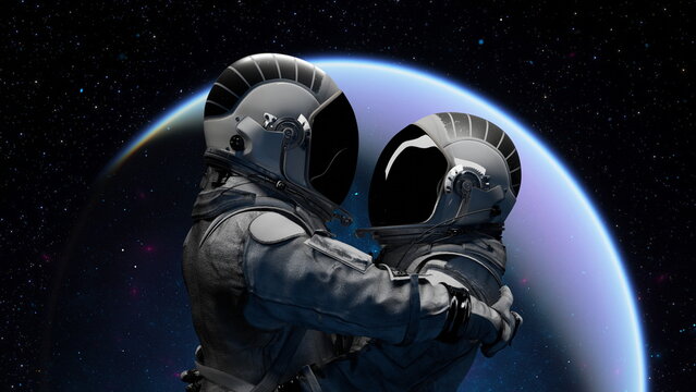 Astronauts in space, one holding the other, with Earth in the background under starry sky. Love. 3d render