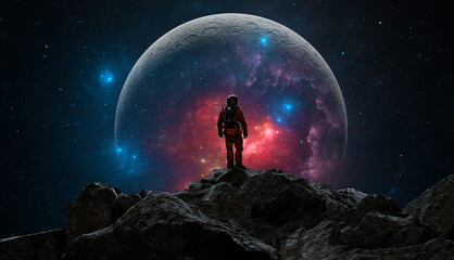 Astronaut gazes at a surreal celestial vista with a vibrant nebula shining through the silhouette of a moon. 3d render