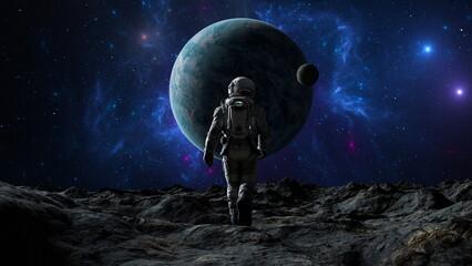 Man Astronaut stands on a rocky expanse, a vast blue planet and its moon hanging in the cosmic nebula. Cosmonaut walk. 3d render