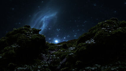 Ethereal cosmic phenomena illuminate the night sky above a mossy, forested landscape. 3d render