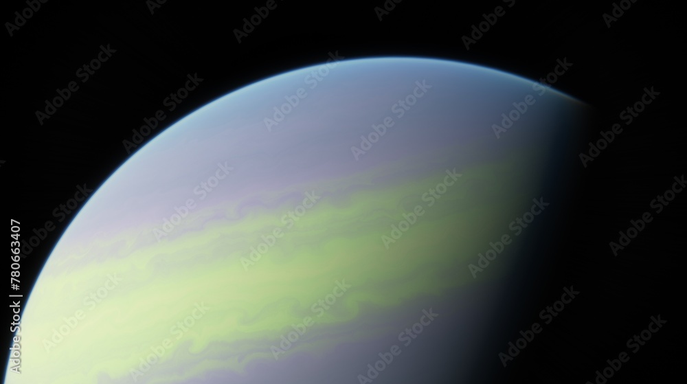 Wall mural large gaseous planet adorned with swirling patterns of green and yellow, set against tranquil backdr