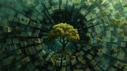 A mystical scene portraying a spiral green world enclosed in an eggshell - obrazy, fototapety, plakaty