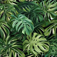 Vivid tropical leaves like monstera and palm fronds in lush green background