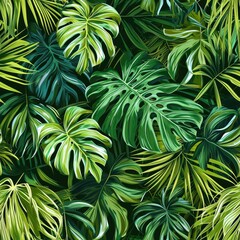 Vivid tropical leaves like monstera and palm fronds in lush green background