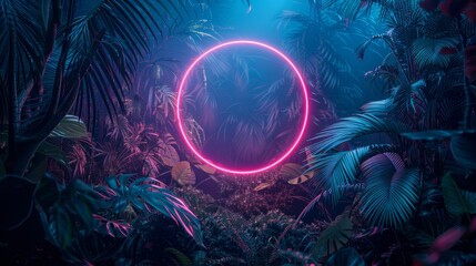 A neon circle glowing amidst a backdrop of tropical leaves in a dark, blue jungle setting - obrazy, fototapety, plakaty