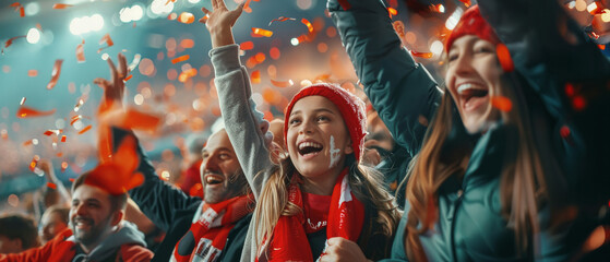 Members of extended family with kids cheering for their sports team while watching a game from stadium stands.