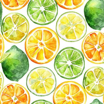 Watercolor citrus fruits pattern, sliced oranges, lemons, and limes. seamless