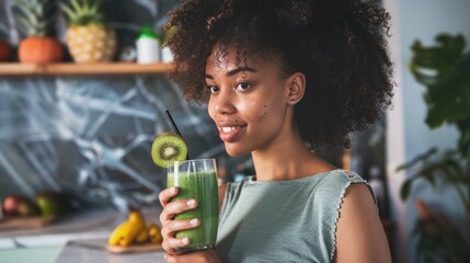 young woman prepares the detox smoothie superfoods like spinach and chia seeds for an extra health...