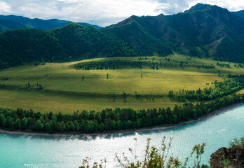 Beautiful view of mountain river Katun and green valley