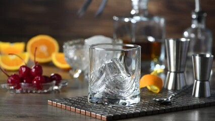 Cocktail Old Fashioned is an old-fashioned sophistication of whiskey and sweet syrup. Served with ice, orange zest and Maraschino cherry. Recipe for making a drink. Real time