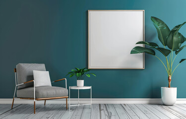 Minimalist interior design of a modern living room with a grey armchair, a white side table and an emerald blue wall painted