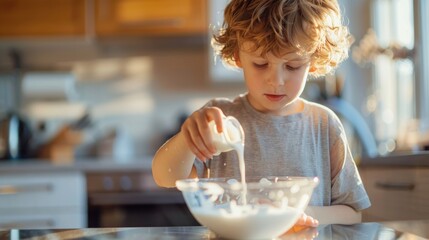 Boy pouring milk in to the bowl on table at home. - Powered by Adobe