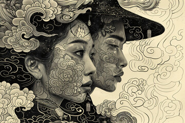 Profiles of two Asian women with floral tattoos. Detailed black and white illustration with cloud elements. Beauty, femininity, and culture concept for tattoo design, beauty editorial