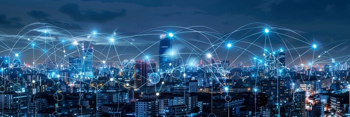Wireless network and Connection technology concept with city background at night , panorama view