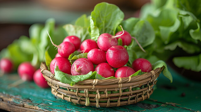 Fresh organic radishes with green leaves on a rustic blue wooden background, top view with copy space.