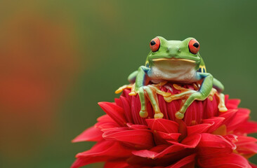 Photo of a tree frog sitting on top of a red flower