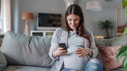 Pregnant woman using smartphone on sofa at home.