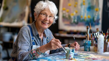 Smiling senior woman painting cup at studio. Retirement activity. Small business.