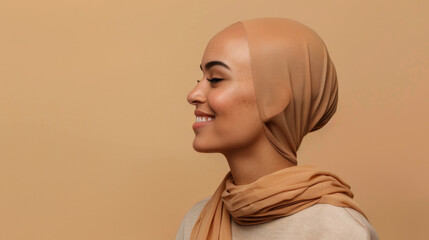 A bald woman with a shaved head after chemotherapy. Beautiful Caucasian Muslim women standing isolated over beige background. Concept of supporting to all women suffering from cancer